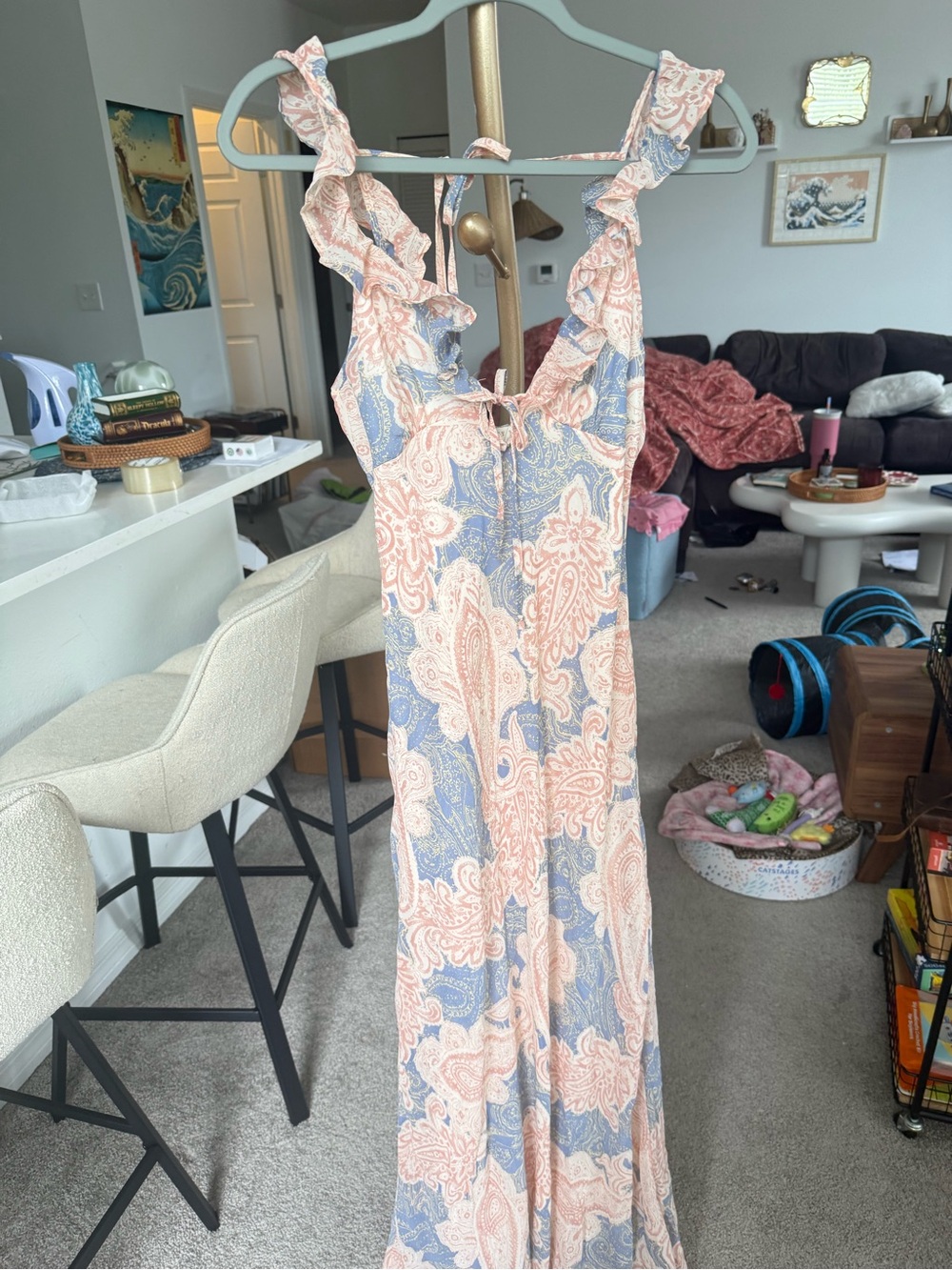 Paisley Ruffle-Strap Maxi Dress - Pink & Blue